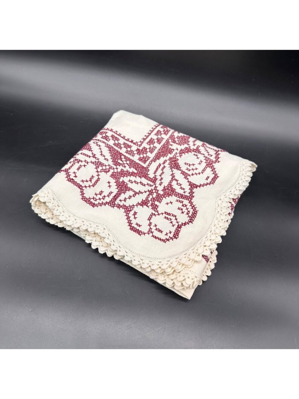 Vintage White Burgundy Cross Stitch Tablecloth Fruit Apple Crochet Edge Handmade